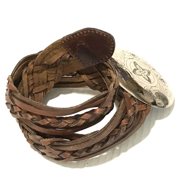 Vintage Genuine Leather Woven Belt Floral Engraved 4” Medallion Buckle Belt M/L - Picture 2 of 10